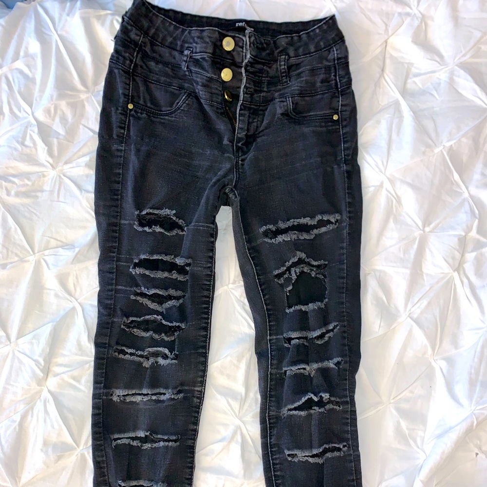 🤍 Size 0 black custom high-waisted ripped jeans